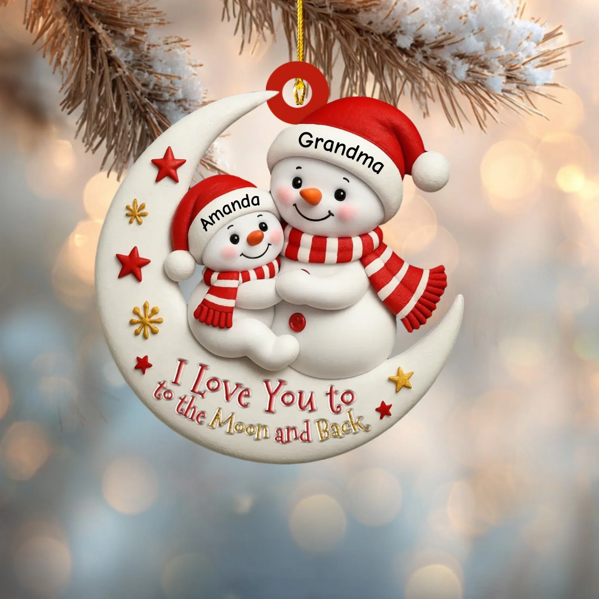 Décoration de Noël personnalisée « Je t'aime jusqu'à la lune et retour » pour grand-mère et petit-enfant – Décoration de Noël en bois personnalisée, cadeau souvenir de famille bonhomme de neige – Image 5
