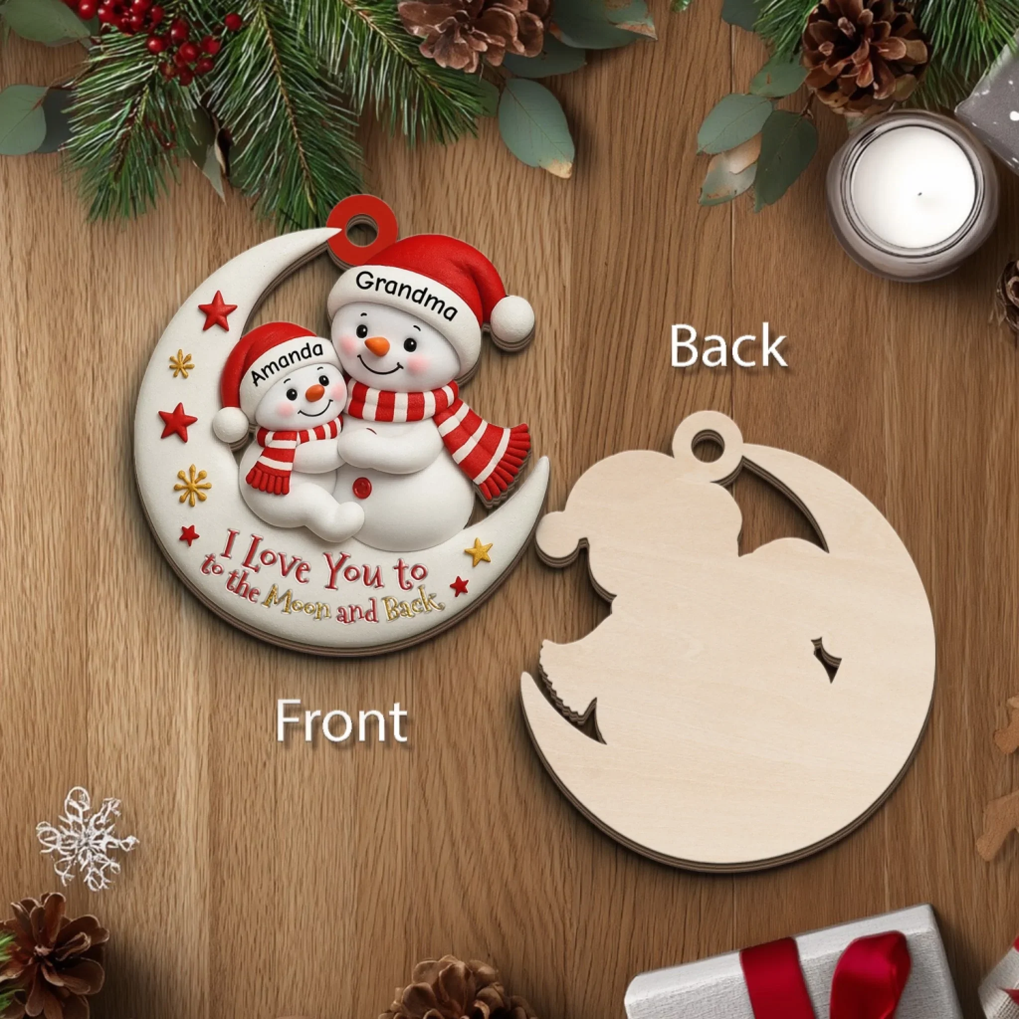 Décoration de Noël personnalisée « Je t'aime jusqu'à la lune et retour » pour grand-mère et petit-enfant – Décoration de Noël en bois personnalisée, cadeau souvenir de famille bonhomme de neige – Image 6