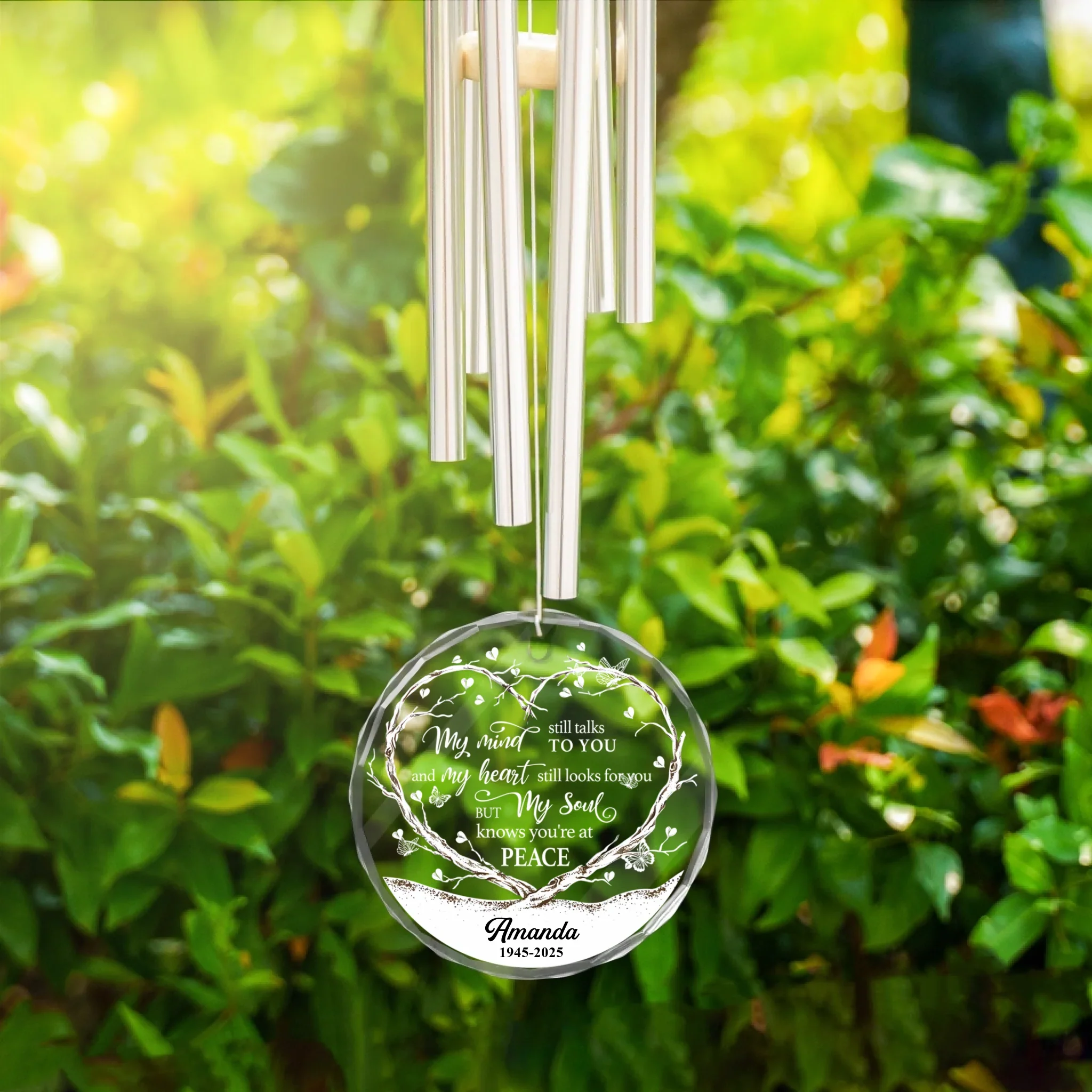 Carillon à vent en verre rond personnalisé en mémoire – Cadeau de sympathie gravé pour la perte d'un être cher | Souvenir personnalisé avec photo/texte & ornement de jardin – Image 3