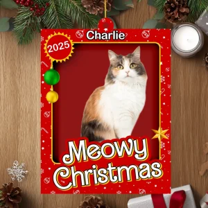 Décoration de Noël Meowy en acrylique personnalisée – Photo de chat personnalisée avec nom et année | Cadeau idéal pour une maman ou un amoureux des chats