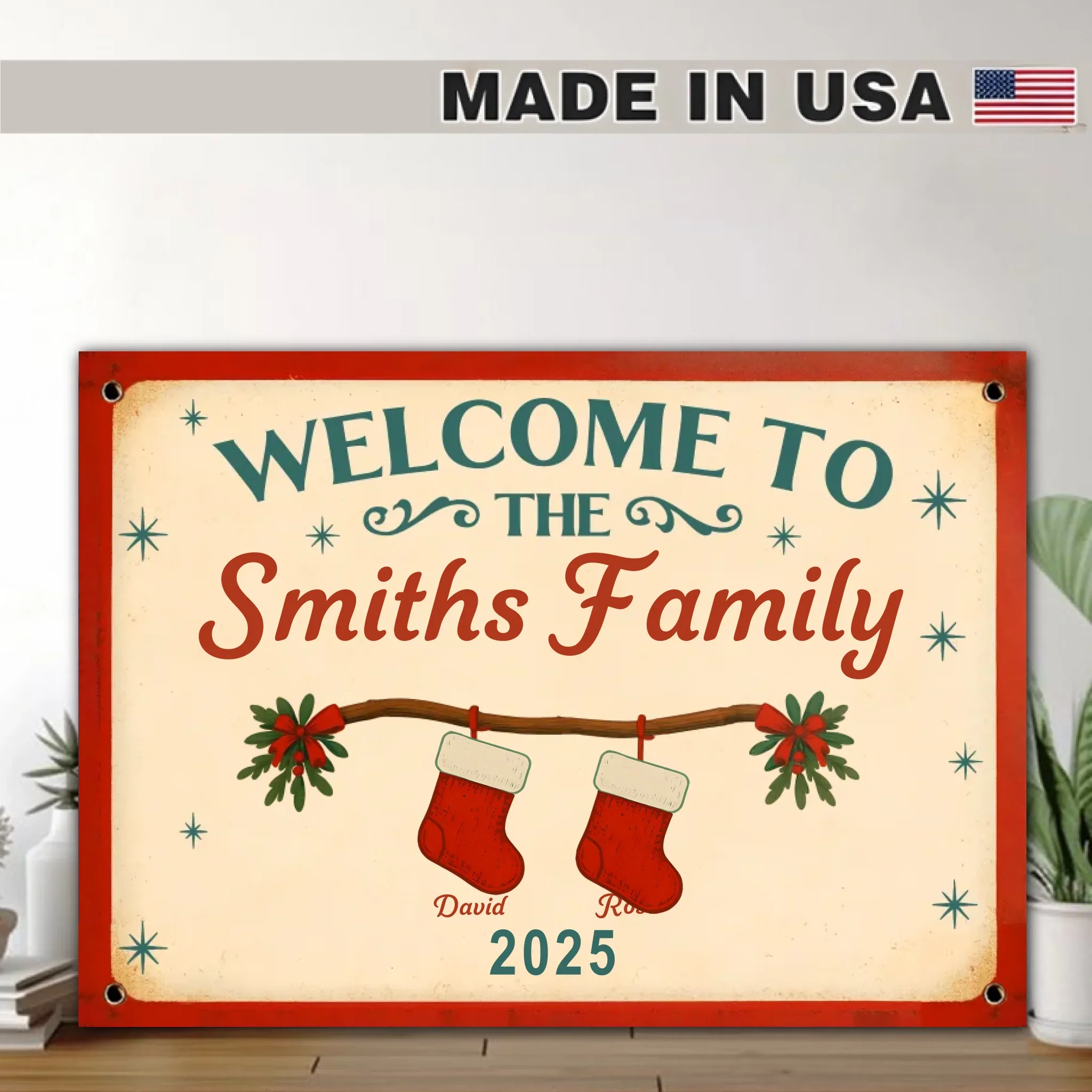 Ornement de Noël rectangulaire en aluminium personnalisé “Bienvenue dans notre famille” – Nom de famille personnalisé, année, nombre de membres et noms individuels (y compris les animaux) | Décoration de maison de vacances et cadeau de Noël – Image 5