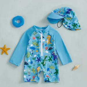 Maillot de bain 2 pièces pour tout-petit garçon avec chapeau de soleil – Imprimé requin et dinosaure, manches longues, protection UV et fermeture éclair (0-5 ans)