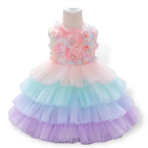 Robe de soirée pour bébé fille avec jupe en maille à volants superposée couleur bonbon