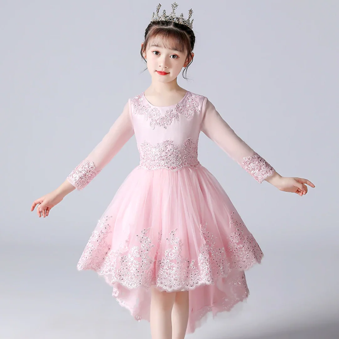 Robe de soirée queue d'aronde brodée de sequins et de dentelle florale pour filles – Image 2