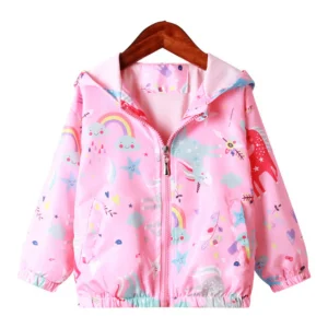 Veste coupe-vent à capuche licorne arc-en-ciel rose