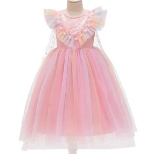 Costume de princesse soleil à paillettes, étoiles et dentelle avec cape