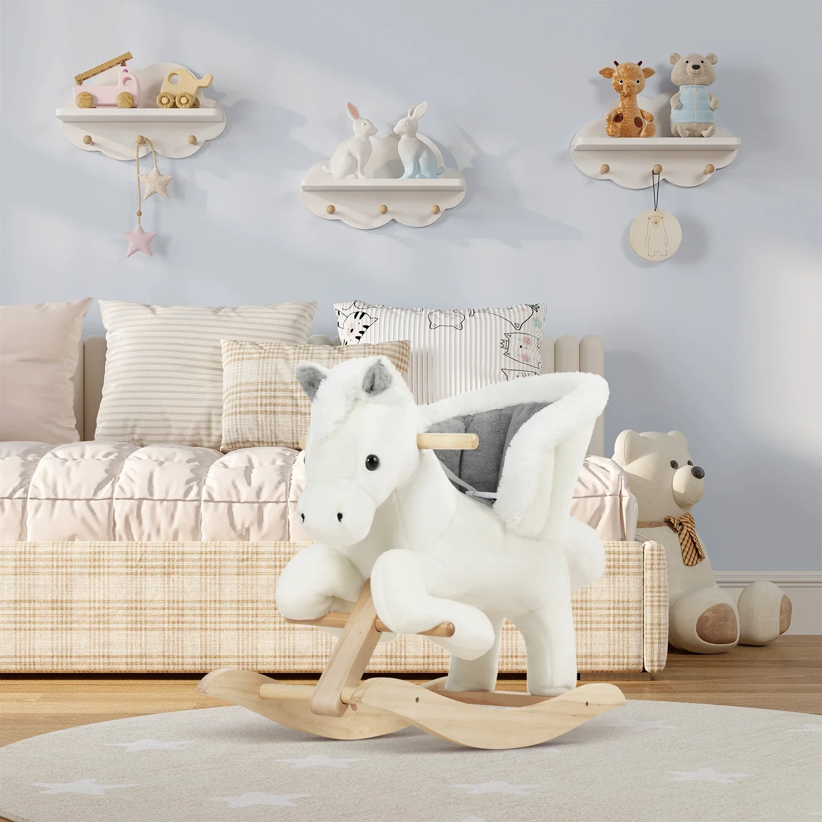 Animal à bascule en peluche de luxe pour tout-petits (18-36M) - Siège sécurisé à haut dossier, effets sonores intégrés et base en bois durable