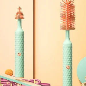 Set de nettoyage électrique portable 3-en-1 avec brosse en silicone pour biberons, lave-tétines rotatif 360° pour biberons et tétines, rechargeable via USB avec longue durée de batterie (vert/rose)