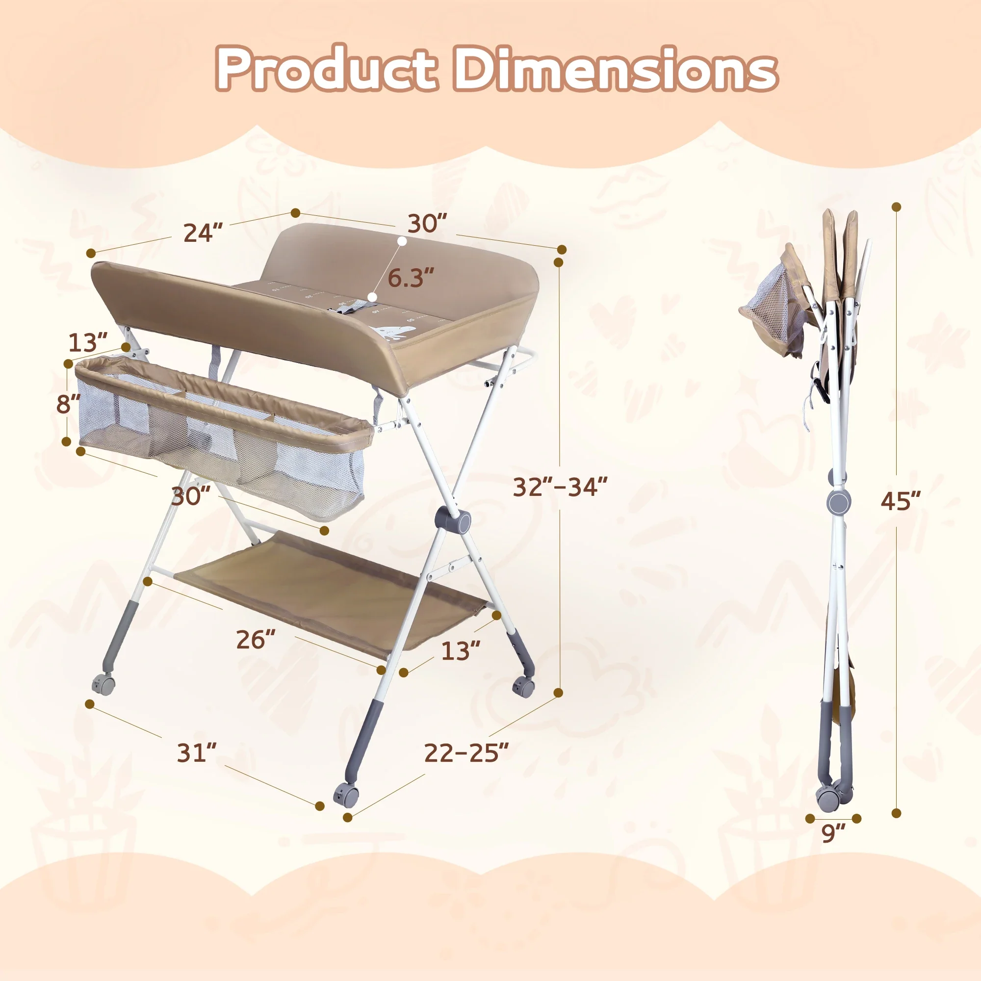 Table à langer bébé portable et pliable avec 4 roues universelles et freins, station de change réglable en hauteur avec panier de rangement et organisateur de couches (gris/beige) – Image 2