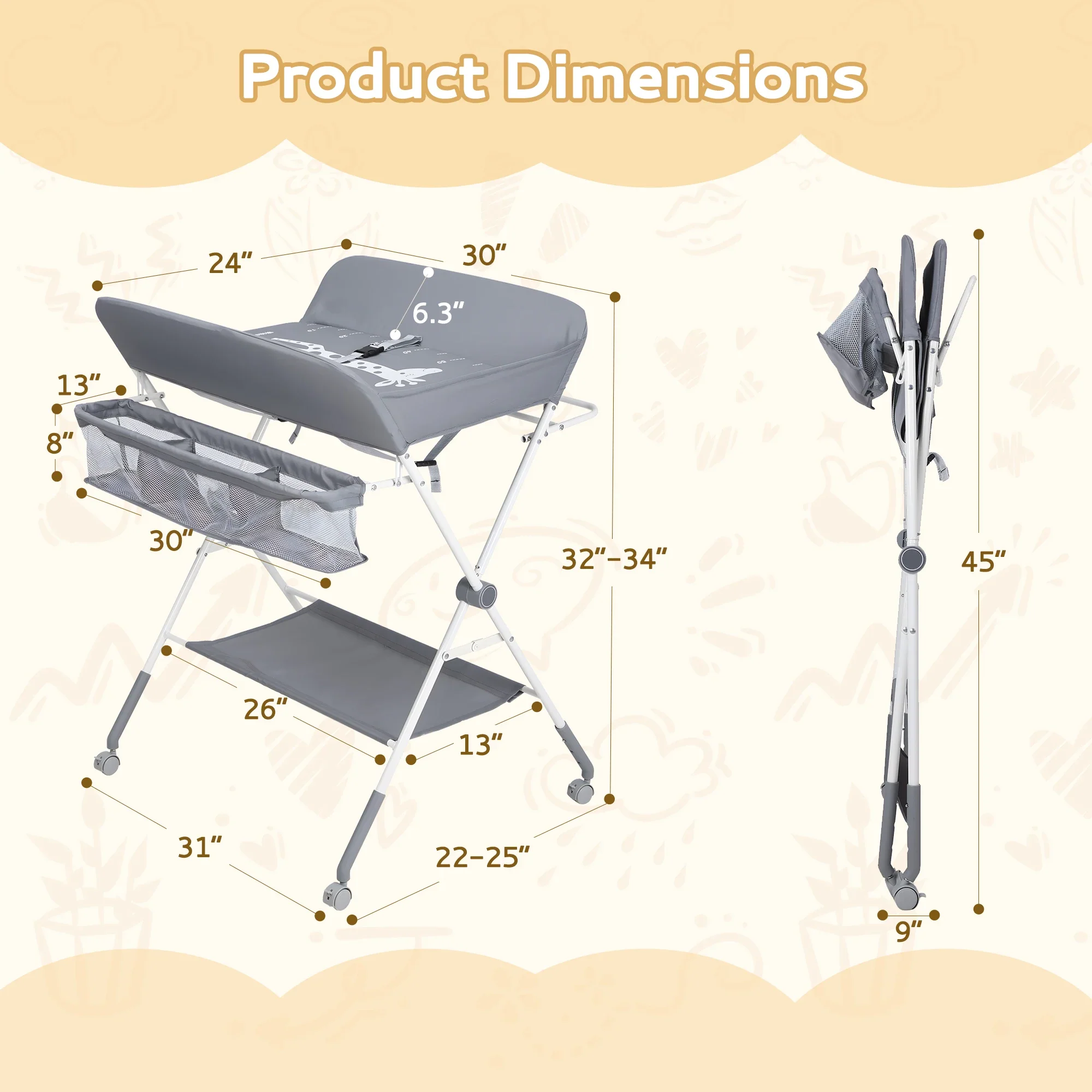 Table à langer bébé portable et pliable avec 4 roues universelles et freins, station de change réglable en hauteur avec panier de rangement et organisateur de couches (gris/beige) – Image 4
