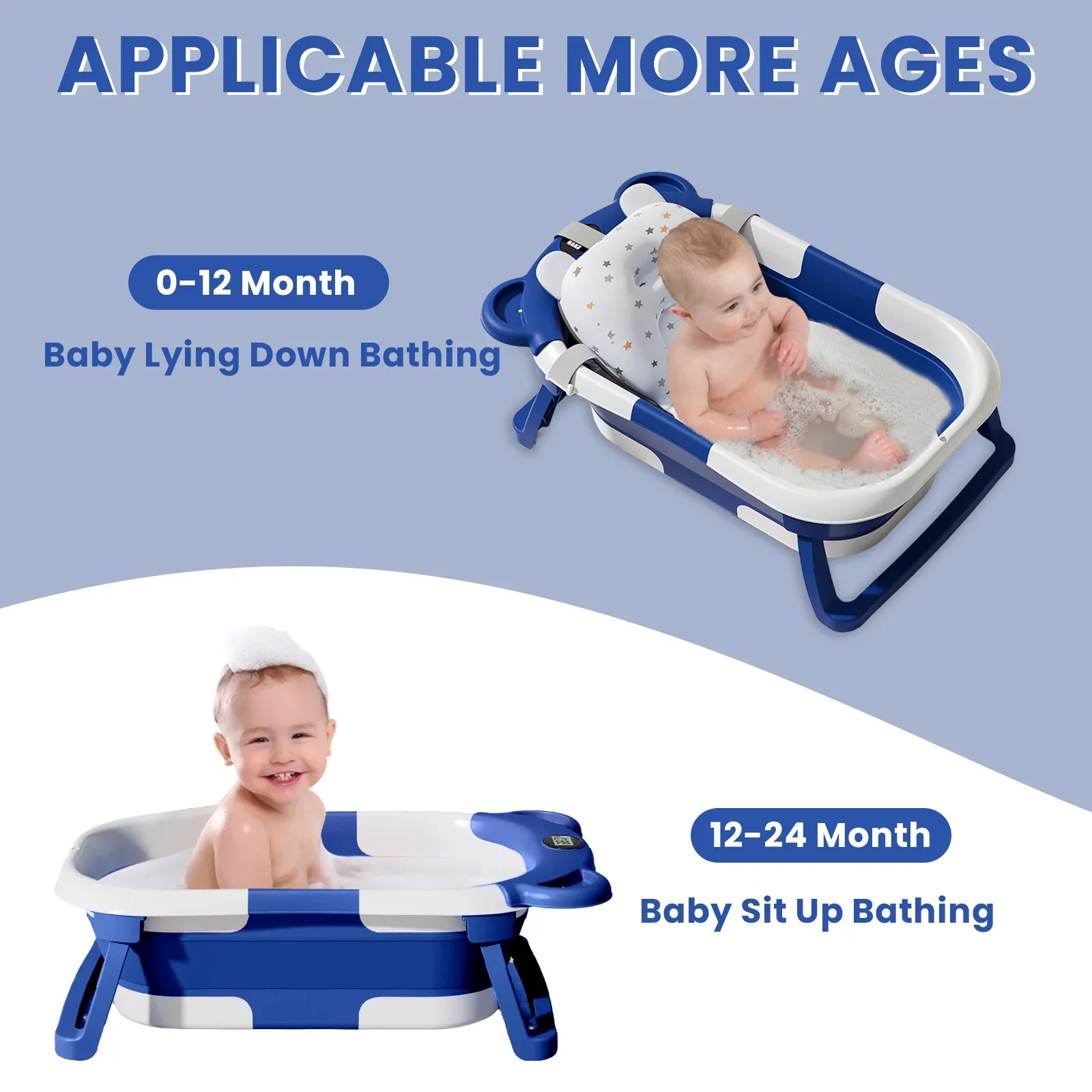 Baignoire bébé portable et pliable avec jauge de température, coussin doux pour nouveau-né et pieds pliables pour un bain sûr et gain de place (0-24 mois) – Image 3