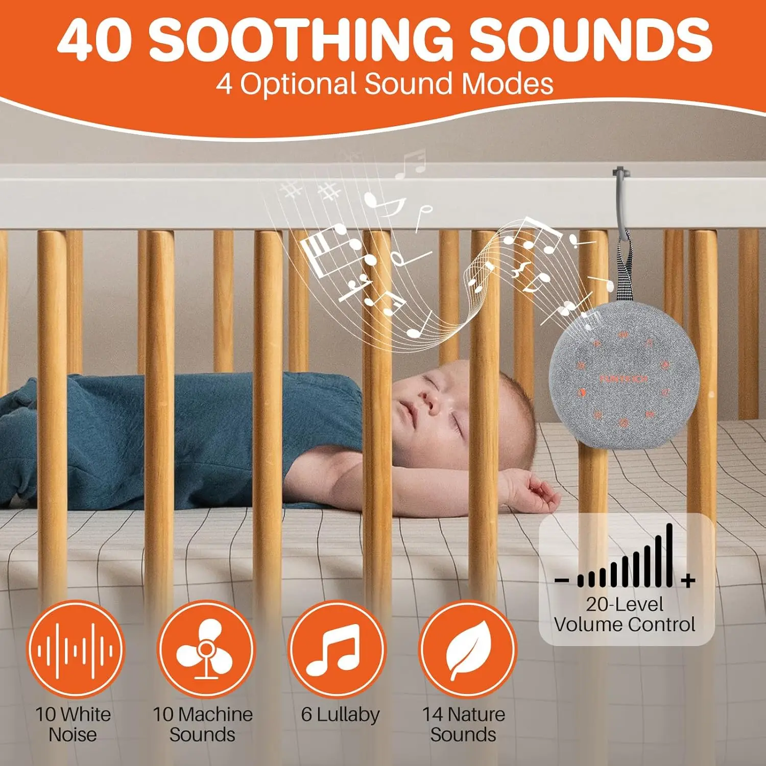 Machine à sons portable rechargeable pour le sommeil - 40 sons apaisants, veilleuse 7 couleurs, minuterie et 20 niveaux de volume (pour bébés et adultes) – Image 2
