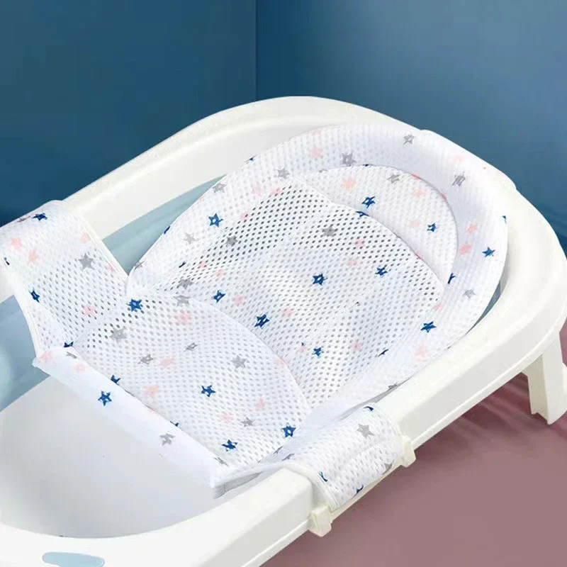 Filet de bain pour bébé haut de gamme | Coussin de bain réglable en forme de croix pour nouveau-né | Siège-berceau antidérapant en maille pour baignoires pour bébé – 4 coloris disponibles (rose, vert, bleu, étoile blanche) – Image 3