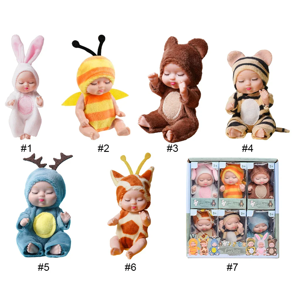 Set de mini poupées bébé reborn (6 pièces), poupées bébés endormis réalistes de 11 cm dans des tenues d'animaux mignons, articulations mobiles, cadeau parfait pour enfants de 3 ans et plus – Image 2