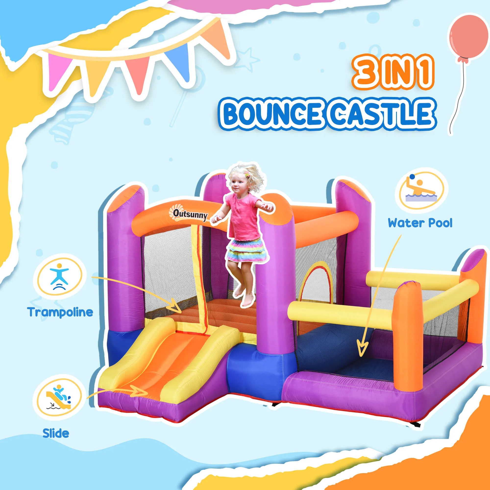 Château gonflable Outsunny avec toboggan et piscine, maison gonflable multicolore avec souffleur – Image 4