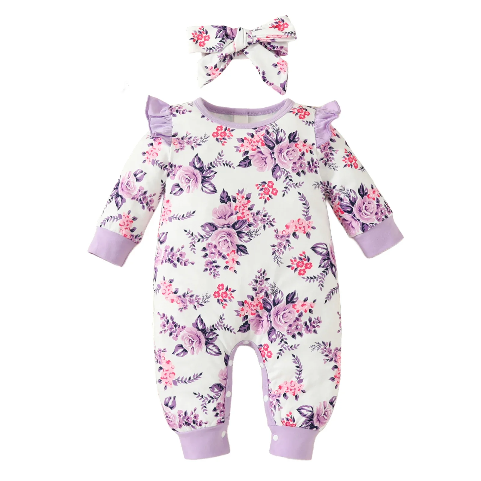 Ensemble barboteuse à imprimé floral pour nouveau-né fille avec bandeau à nœud – Image 7