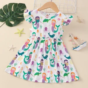 Robe d'été sirène dessin animé : robes en coton à volants pour enfants