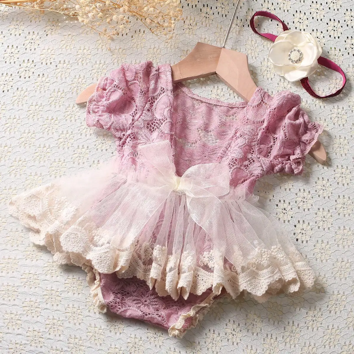 Ensemble de tenues de séance photo rose poudré pour nouveau-né fille – Image 4