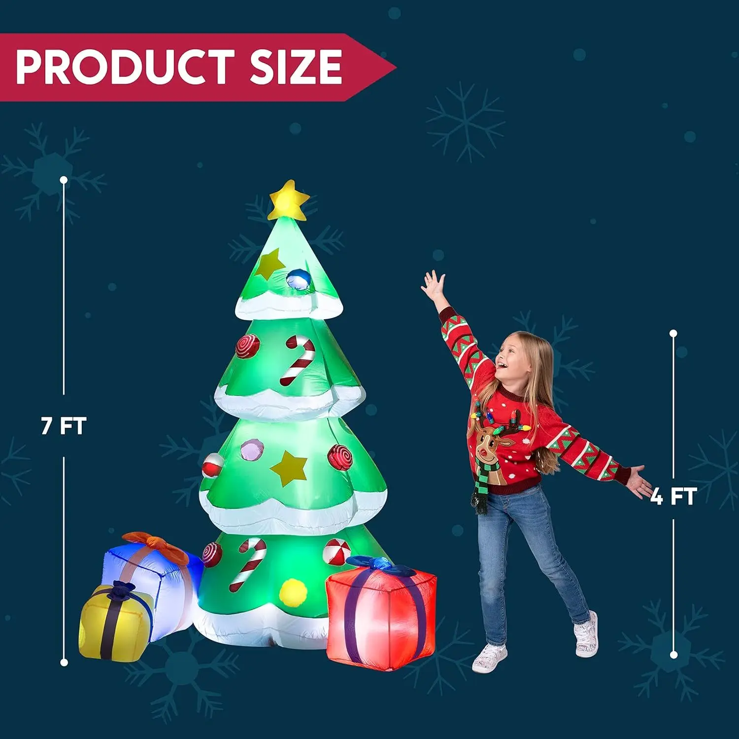 Décoration gonflable extérieure de sapin de Noël de 7 pieds, grand sapin de Noël avec 3 boîtes-cadeaux et lumières LED intégrées pour décor de jardin de Noël – Image 4