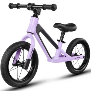 Vélo d'équilibre pour enfants de 12 pouces, âge 2-6 ans, bicyclette d'entraînement légère sans pédale avec pneus en PU anti-crevaison et cadre en alliage de magnésium (violet/rose/bleu)