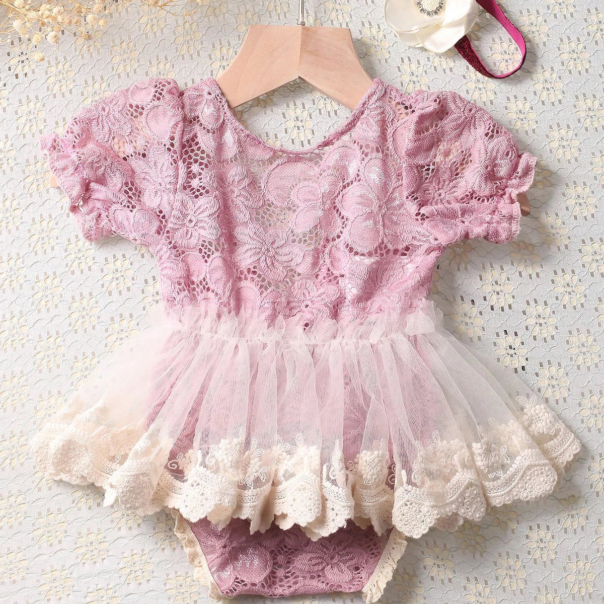 Ensemble de tenues de séance photo rose poudré pour nouveau-né fille – Image 3