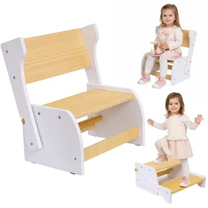 Marchepied convertible 2-en-1 et chaise pour enfants en bois, siège lourd pour tout-petits avec dossier, base antidérapante et design polyvalent pour la salle de bain et la cuisine