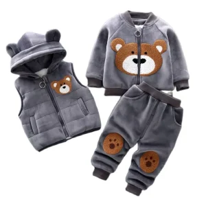 Ensemble de vêtements d'hiver pour bébé : veste, gilet et pantalon en polaire motif ours (3 pièces)