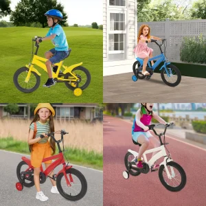 Vélo d'apprentissage de 14 pouces pour enfants avec roues stabilisatrices, siège et guidon réglables, et doubles freins pour la conduite, la récréation et l'exercice des enfants