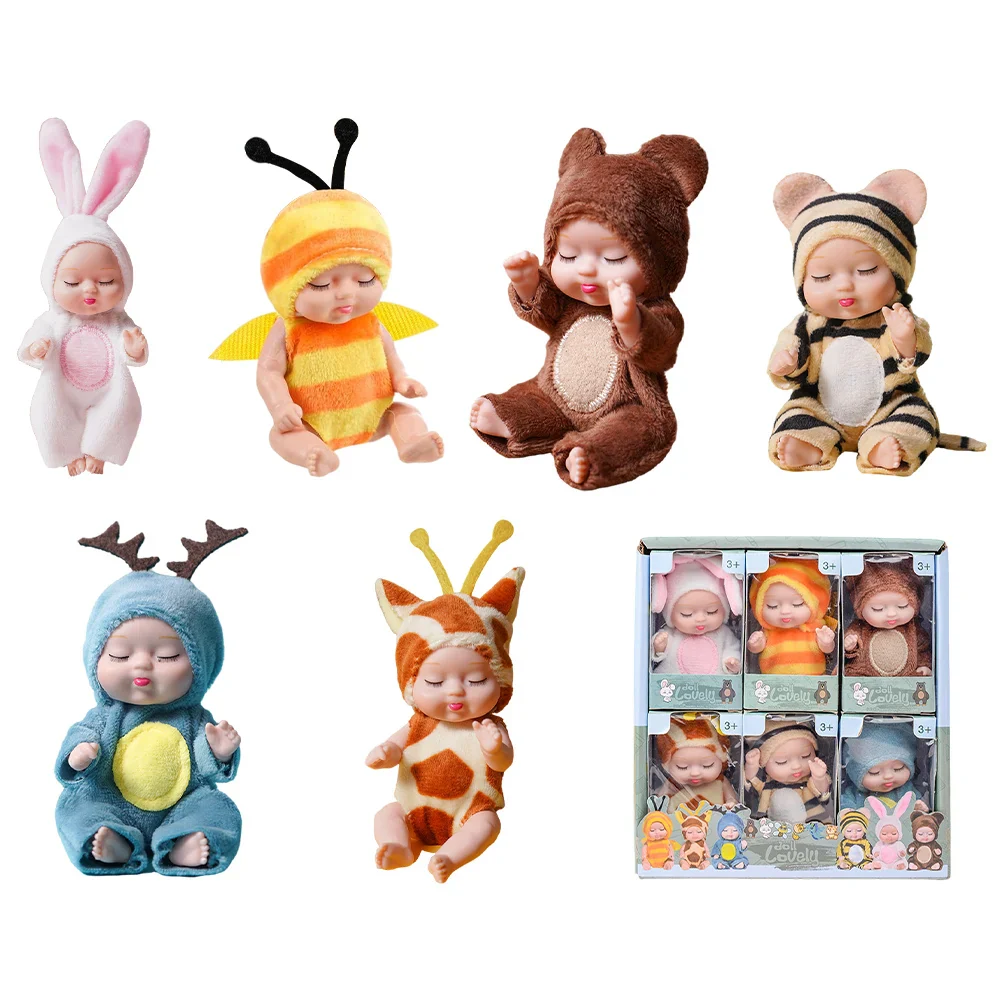 Set de mini poupées bébé reborn (6 pièces), poupées bébés endormis réalistes de 11 cm dans des tenues d'animaux mignons, articulations mobiles, cadeau parfait pour enfants de 3 ans et plus
