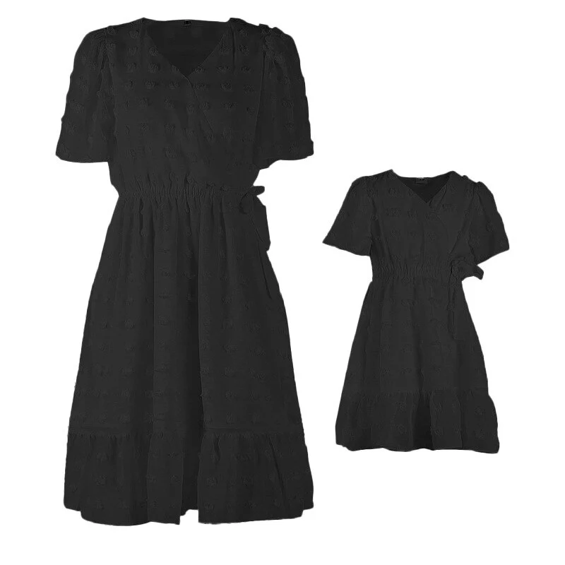 Robe assortie pour mère et fille, col en V, manches courtes – Image 6