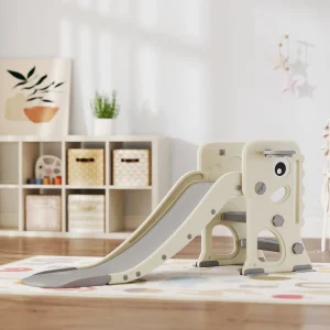 Toboggan pour enfants pliant avec escalade, marches antidérapantes et panier de basket – Ensemble de jeu compact 3 en 1 pour tout-petits, blanc crème