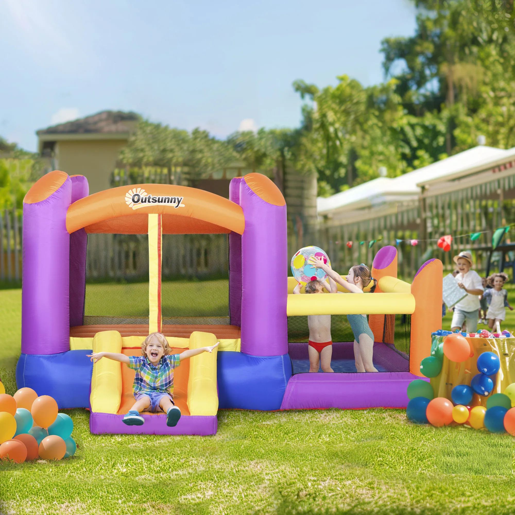 Château gonflable Outsunny avec toboggan et piscine, maison gonflable multicolore avec souffleur – Image 2