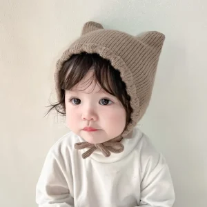 Bonnet d'hiver en tricot pour bébé, motif dessin animé, couleur unie, pour la protection des oreilles