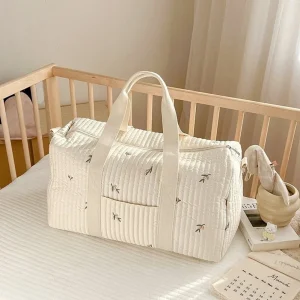 Sac à couches brodé et matelassé pour bébé, grand sac messager avec fermeture éclair, tissu en coton doux pour hôpital et voyage (motif Lapin/Tulipe)