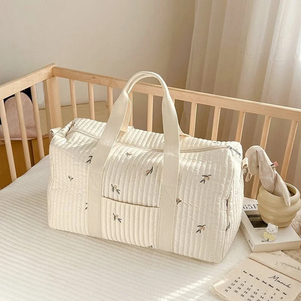 Sac à couches brodé et matelassé pour bébé, grand sac messager avec fermeture éclair, tissu en coton doux pour hôpital et voyage (motif Lapin/Tulipe)