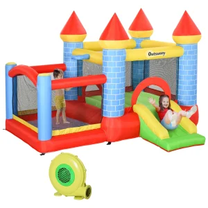 Château gonflable Outsunny avec toboggan et aire de piscine – Centre de jeu gonflable 4 en 1 avec souffleur pour enfants de 3 à 8 ans (multicolore)