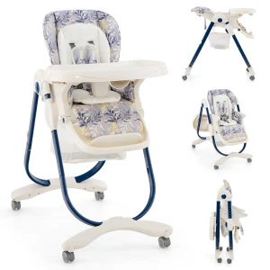 Chaise haute bébé pliable 7-en-1 avec 7 niveaux de hauteur, dossier inclinable, plateau double amovible (compatible lave-vaisselle), et roues verrouillables (6–36 mois)