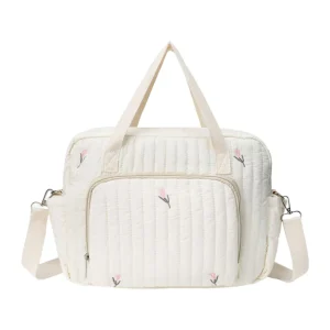 Sac à couches en coton matelassé pour bébé, sac à langer multifonction avec bandoulière ajustable, grand sac messager maternité (broderie Ours/Tulipe)