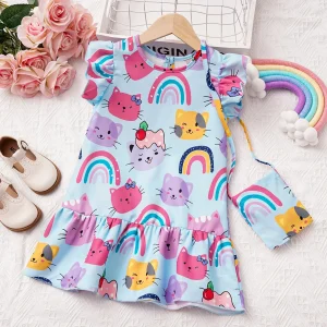Robe d'été à imprimé dessin animé pour fille : joli col rond
