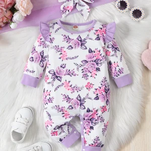 Ensemble barboteuse à imprimé floral pour nouveau-né fille avec bandeau à nœud