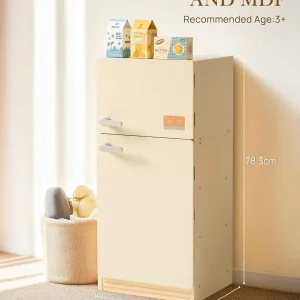 Réfrigérateur de jeu en bois Robud avec accessoires – Ensemble de cuisine interactive pour enfants, en bois massif et MDF (Blanc crème)