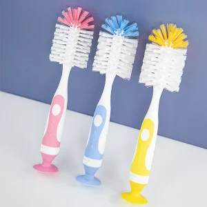 Brosse de nettoyage pour biberons en nylon avec support à ventouse