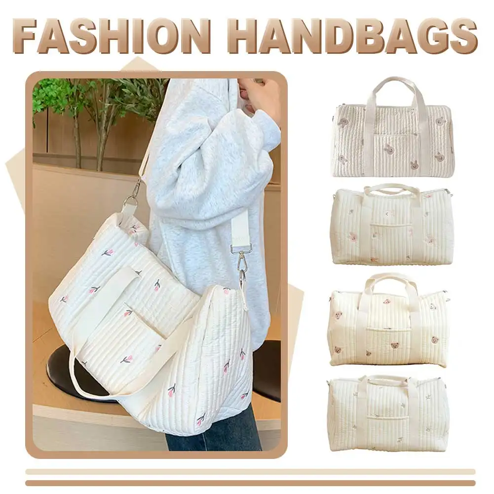Sac à couches brodé et matelassé pour bébé, grand sac messager avec fermeture éclair, tissu en coton doux pour hôpital et voyage (motif Lapin/Tulipe) – Image 4