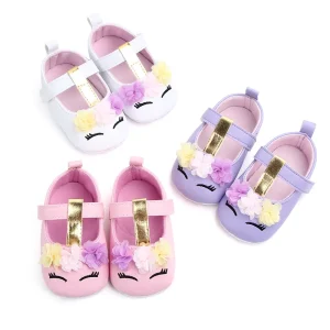 Chaussures de pré-marche : Chaussures souples en PU pour petite fille avec joli motif floral
