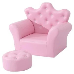 Ensemble fauteuil et tabouret en forme de couronne de princesse pour enfants (rose), mini-canapé en simili-cuir avec tabouret assorti/décoration boutons cristal pour nurserie et salle de jeux (3-7 ans)