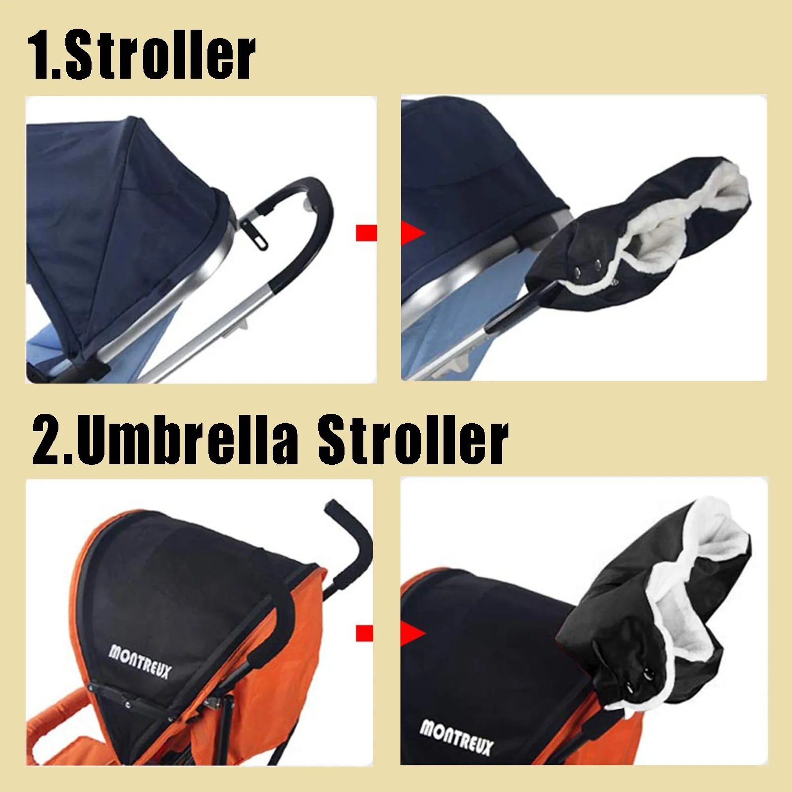 Manchon hiver pour poussette, protection imperméable pour mains de poussette avec doublure polaire, taille universelle pour poignées simples de poussettes (Noir) – Image 4