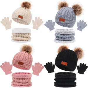 Ensemble de 3 articles d'hiver pour bébés : bonnets tricotés, écharpe, gants chauds