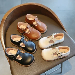 Ballerines en cuir à brides en T pour enfants : respirantes