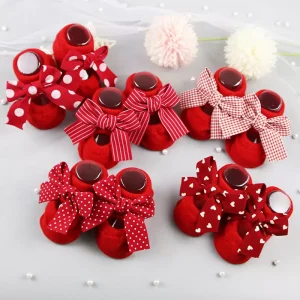 Chaussettes en coton avec nœud pour nouveau-né : semelles en caoutchouc antidérapantes pour nourrissons