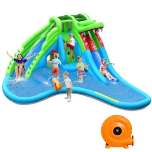 Toboggan aquatique géant gonflable 7 en 1 avec château rebondissant, maison avec souffleur d'air de 780 W – Thème crocodile pour enfants de 3 à 10 ans